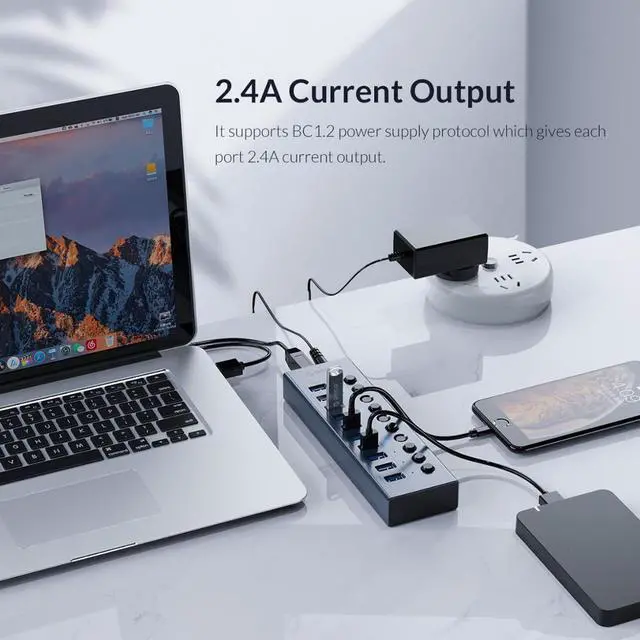 Alt view image 3 of 7 - Weastlinks Industrial USB 3.0 HUB 7/10 Port Aluminum USB Splitter On/Off Switch With 12V Power Adapter Support Charging for Computer