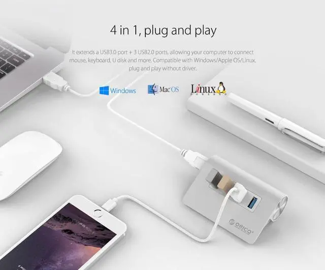 Alt view image 2 of 7 - Weastlinks Aluminum USB HUB 4 Ports USB 3.0 HUB High Speed Mini Splitter Portable Hub for Laptop PC Computer With 1M Data Cable