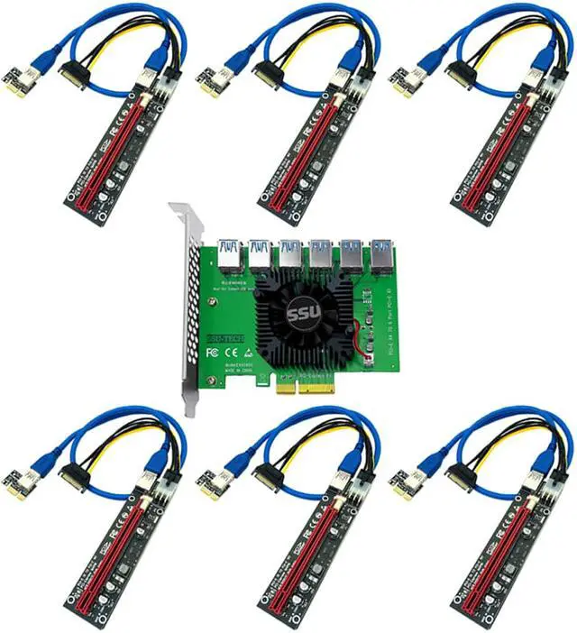 Alt view image 7 of 7 - Weastlinks PCIE Riser PCI-E 1 to 6 Riser Card 103S Cabo Riser PCI Express x16 Extender 0.6M USB 3.0 Cable SATA to 6Pin Power for Video Card