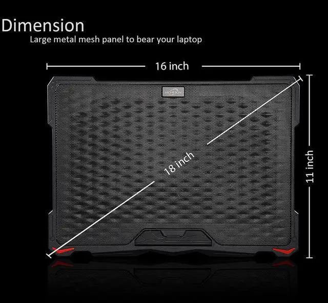 Alt view image 7 of 7 - AICHESON Laptop Fan Cooling Pad for 15.6"-17.3" Laptops, 5 Cooler Fans with Red Lights