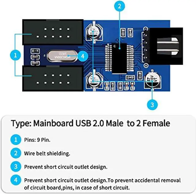 Alt view image 2 of 7 - 9 Pin 2 In 1 Internal Usb Splitter Cable, 9 Pin Usb Header Male 1 To 2 Female Extension Connector Adapter, Usb 2.0 Hub Connector Port Multiplier Pwm Fan Splitter Cable (30Cm/0.98Ft)