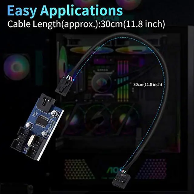 Alt view image 4 of 7 - 9 Pin 2 In 1 Internal Usb Splitter Cable, 9 Pin Usb Header Male 1 To 2 Female Extension Connector Adapter, Usb 2.0 Hub Connector Port Multiplier Pwm Fan Splitter Cable (30Cm/0.98Ft)