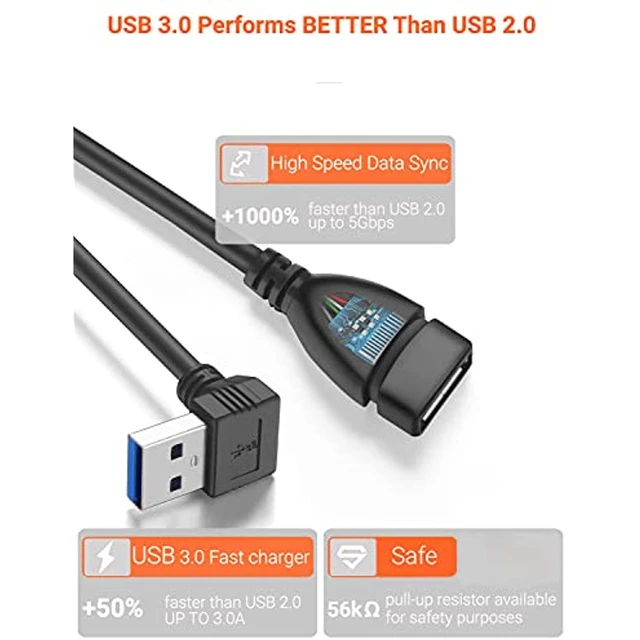 Alt view image 6 of 7 - Short Usb 3.0 Extension Cable, 2 Pack Superspeed Usb 3.0 Angle Male To Female Extension Cable 6 Inch Convertor Adapter Extender Cord Up Angle And Down Angle One Each
