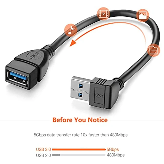 Alt view image 3 of 7 - Short Usb 3.0 Extension Cable, 2 Pack Superspeed Usb 3.0 Angle Male To Female Extension Cable 6 Inch Convertor Adapter Extender Cord Up Angle And Down Angle One Each