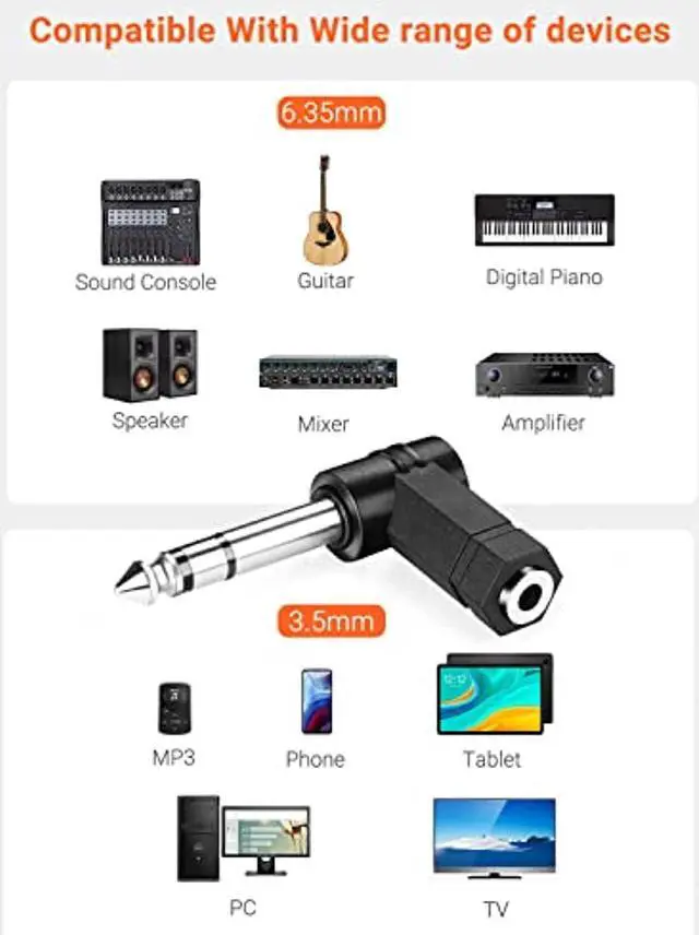 Alt view image 5 of 7 - Right Angled 6.35Mm 0.25 Inch Trs 3 Pole Male To 3.5Mm Female 90 Degree Adapter Converter Extension Extender Stereo Auxiliary Aux Headphone Audio Jack Plug Wire Cord 3 Pack