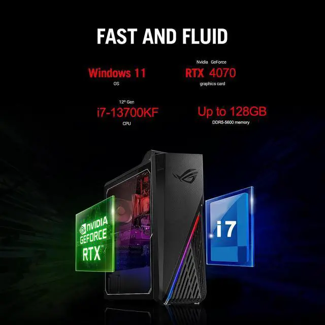 Alt view image 3 of 5 - ASUS ROG Gaming Tower Desktop, Intel Core i7-13700KF, NVIDIA GeForce RTX 4070, 64GB DDR5 RAM, 4TB SSD, HDMI, DP Port, Wired KB & Mouse, Wi-Fi 6, Windows 11 Pro