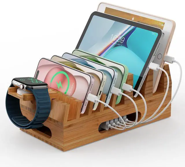 Main image of Beebo Beabo Bamboo Charging Station Organizer for Multiple Devices & Wood Desktop Docking Charging Stand Such As Cell Phone, Tablets,V1,Gifts for Father