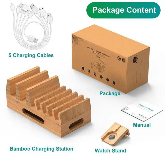 Alt view image 3 of 6 - Beebo Beabo Bamboo Charging Station Organizer for Multiple Devices & Wood Desktop Docking Charging Stand Such As Cell Phone, Tablets,V1,Gifts for Father