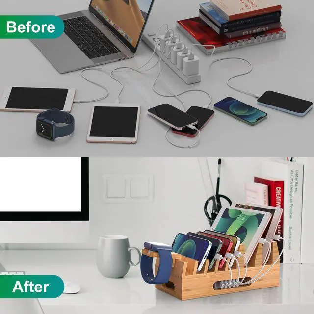 Alt view image 5 of 6 - Beebo Beabo Bamboo Charging Station Organizer for Multiple Devices & Wood Desktop Docking Charging Stand Such As Cell Phone, Tablets,V1,Gifts for Father
