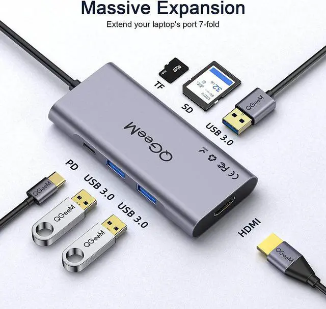 Alt view image 2 of 7 - USB C Hub HDMI Adapter,QGeeM 7 in 1 Type C Hub to HDMI 4k,3 USB 3.0 Ports,100W Power Delivery,SD/TF Card Readers Compatible with MacBook Pro 13/15(Thunderbolt 3),2018 Mac Air,Chromebook USB C Adapter