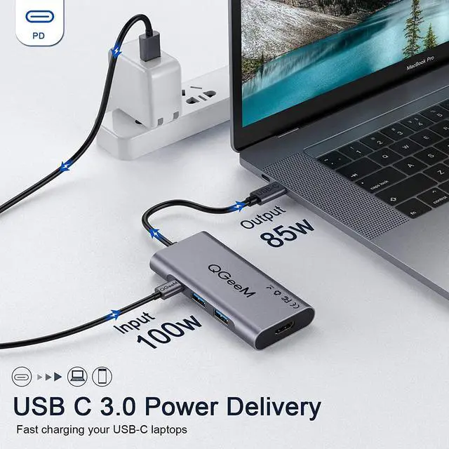 Alt view image 6 of 7 - USB C Hub HDMI Adapter,QGeeM 7 in 1 Type C Hub to HDMI 4k,3 USB 3.0 Ports,100W Power Delivery,SD/TF Card Readers Compatible with MacBook Pro 13/15(Thunderbolt 3),2018 Mac Air,Chromebook USB C Adapter
