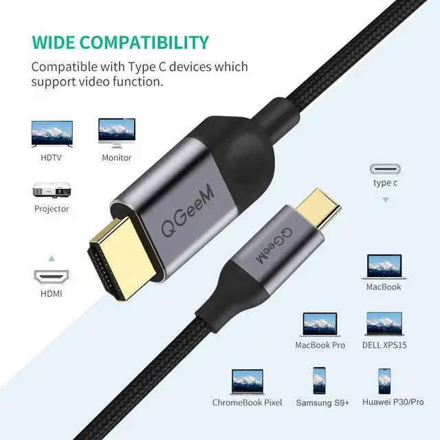 Alt view image 4 of 7 - USB C to HDMI Cable Adapter 6ft 4K,QGeeM USB Type C to HDMI Cable Thunderbolt 3 Compatible with MacBook Pro 2017-2020 IPad pro,Samsung S9 S10,Surface Book 2,Dell XPS 13/15,Pixelbook More.