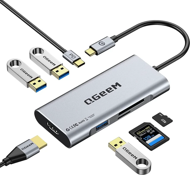 Main image of QGeeM 7-in-1 USB-C Hub with 100W Power Delivery,3 USB 3.0 Ports, SD/TF Card Reader,Compatible for MacBook and Windows-UH07-3