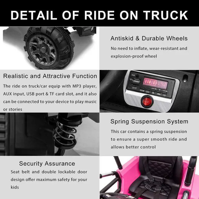 Alt view image 2 of 7 - OUTTOY Kids Ride on Truck, Children Electric Ride on Car w/Parent Remote Control, 12V Battery Powered Driving Trucks Cars for Boys and Girls, Spring Suspension, MP3 Player (Pink)