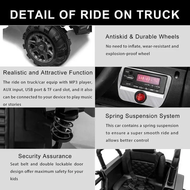 Alt view image 4 of 7 - OUTTOY Kids Ride on Truck, Children Electric Ride on Car w/Parent Remote Control, 12V Battery Powered Driving Trucks Cars for Boys and Girls, Spring Suspension, MP3 Player(Black)