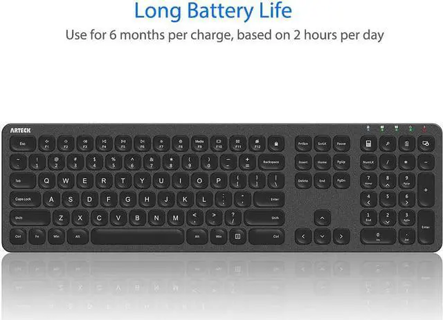 Alt view image 4 of 7 - Arteck 2.4G Wireless Keyboard Stainless Steel Ultra Slim Full Size Keyboard with Numeric Keypad for Computer/Desktop/PC/Laptop/Surface/Smart TV and Windows 10/8/ 7 Built in Rechargeable Battery