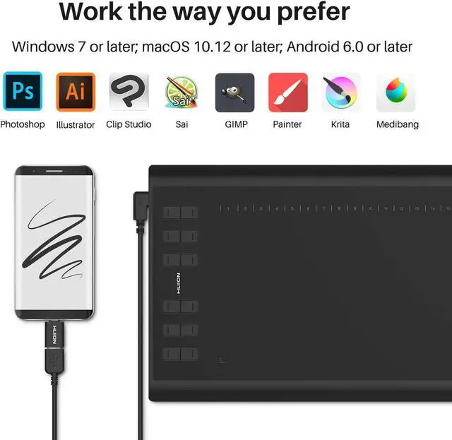 Alt view image 5 of 7 - HUION Inspiroy H1060P Graphics Drawing Tablet with 8192 Pressure Sensitivity Battery-Free Stylus and 12 Customized Hot Keys, 10 x 6.25 inches Digital Art Tablet for Mac, Windows PC and Android