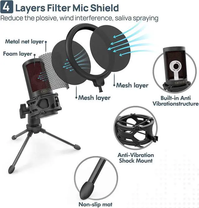 Alt view image 4 of 6 - CMTECK USB Microphone, Podcast Microphone with Pop Filter & Mute Button, Compatible Desktop Computer and Laptop (Black)