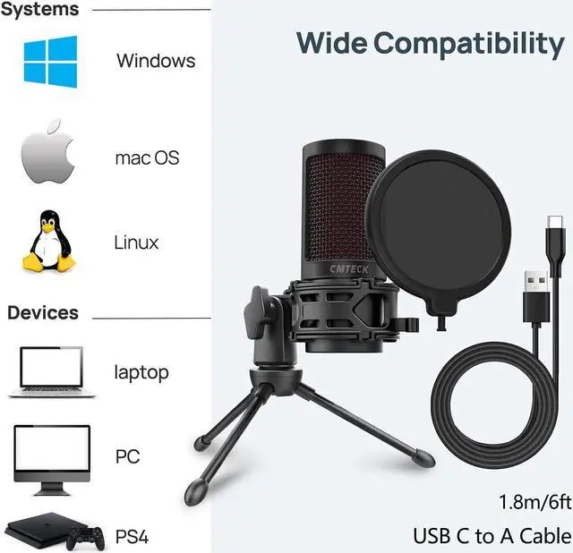 Alt view image 6 of 6 - CMTECK USB Microphone, Podcast Microphone with Pop Filter & Mute Button, Compatible Desktop Computer and Laptop (Black)