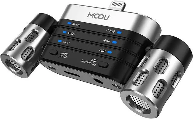 Main image of MOOU RHK26 Portable Microphone for iPhone/iPad, Dual Track Digital Stereo Condenser Microphone, 180°Rotatable & 3 Modes+Mic Sensitivity Adjust for Recording, MFi Certified Professional Microphone