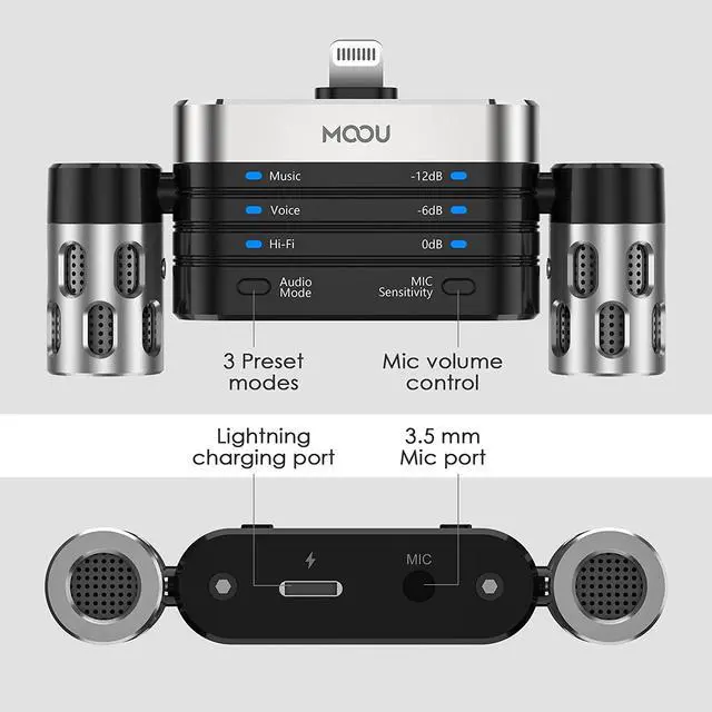 Alt view image 2 of 6 - MOOU RHK26 Portable Microphone for iPhone/iPad, Dual Track Digital Stereo Condenser Microphone, 180°Rotatable & 3 Modes+Mic Sensitivity Adjust for Recording, MFi Certified Professional Microphone