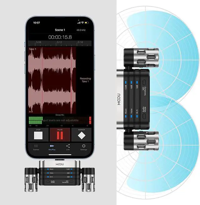 Alt view image 3 of 6 - MOOU RHK26 Portable Microphone for iPhone/iPad, Dual Track Digital Stereo Condenser Microphone, 180°Rotatable & 3 Modes+Mic Sensitivity Adjust for Recording, MFi Certified Professional Microphone