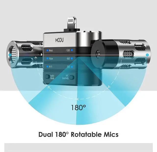 Alt view image 5 of 6 - MOOU RHK26 Portable Microphone for iPhone/iPad, Dual Track Digital Stereo Condenser Microphone, 180°Rotatable & 3 Modes+Mic Sensitivity Adjust for Recording, MFi Certified Professional Microphone