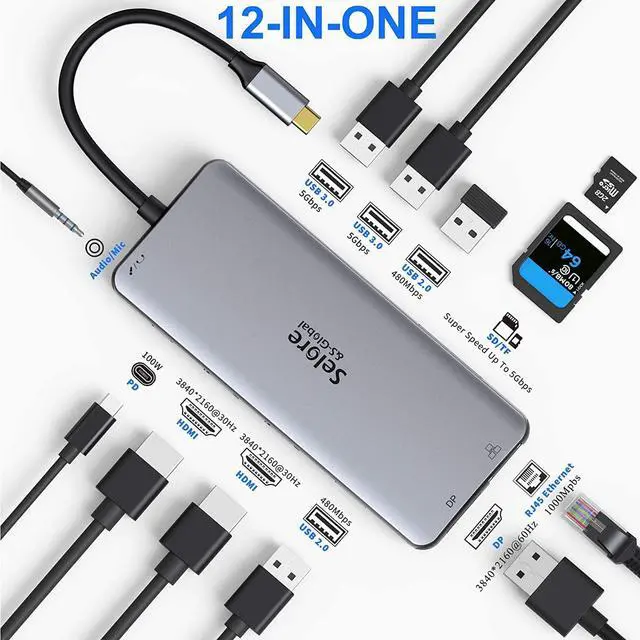 Alt view image 7 of 7 - USB C to Dual HDMI Adapter, 12 in 1 USB C Docking Station to Dual 4K HDMI+DP Port+2 USB3.0+2 USB 2.0+SD/TF+PD+Ethernet+3.5mm Audio for Dell/Surface/HP/Lenovo Laptop