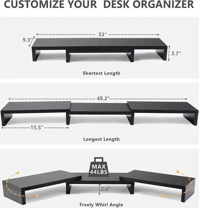 Alt view image 3 of 7 - Dual Monitor Stand Riser Office Desktop Organizer Stands for 2 Monitors Length and Angle Adjustable 3 Shelf, Extra Long Multifunctional Stand fit Computer, Laptop, PC, TV, Max 48.2" Length, Black