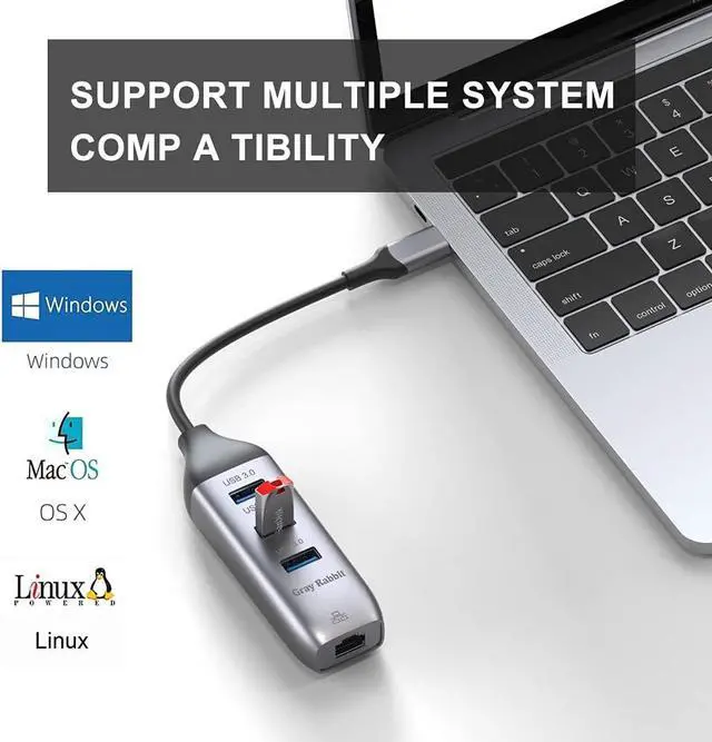 Alt view image 3 of 7 - USB C to Ethernet Adapter,USB C to RJ45 10/100/1000 Gigabit Ethernet, USB C to USB 3.0 HUB, Compatible with MacBook Pro, iPad, MacBook/Air, iPad Air, XPS 15/13, Surface,Android (3*USB3.0+Ethernet)