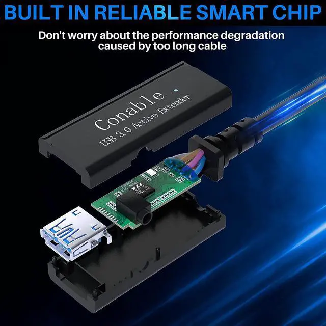 Alt view image 3 of 7 - USB 3.0 Active Extension Cable 100 Feet, Long USB Type-A Male to Female Extender Cord, Built-in 3 Signal Booster Smart Chips, 5Gbps Transfer, Black USB Extension Cable with an AC Power Adapter (5V 2A)