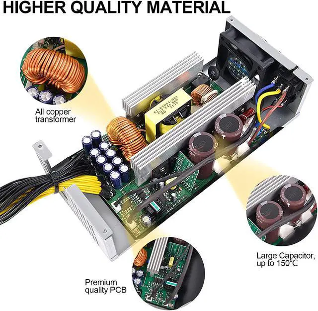 Alt view image 2 of 7 - 2000W Mining Power Supply, 2U 100-264V PSU for BTC ETH Miner Machine Rig, Power Supply with Power Cord and Automatic Control Fan