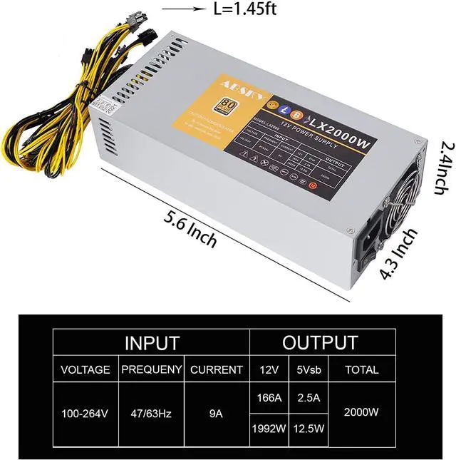 Alt view image 3 of 7 - 2000W Mining Power Supply, 2U 100-264V PSU for BTC ETH Miner Machine Rig, Power Supply with Power Cord and Automatic Control Fan