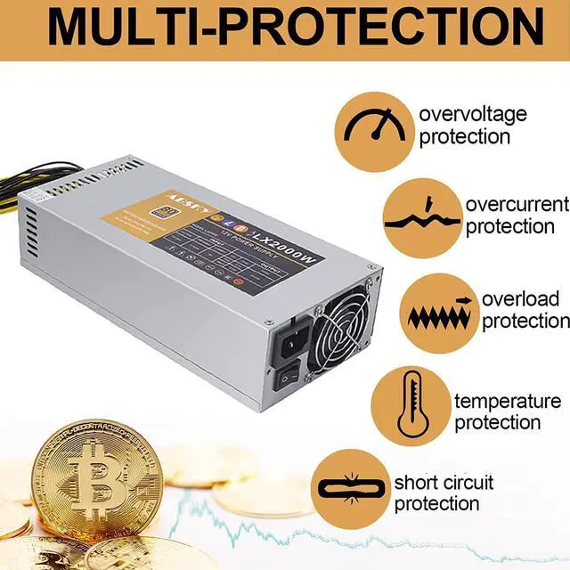 Alt view image 6 of 7 - 2000W Mining Power Supply, 2U 100-264V PSU for BTC ETH Miner Machine Rig, Power Supply with Power Cord and Automatic Control Fan