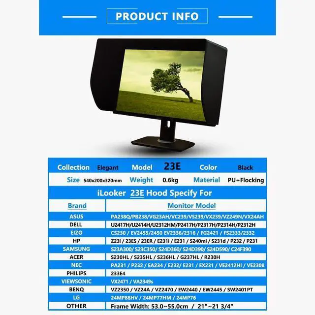 Alt view image 2 of 7 - -23E 23&24-inch Ultr-Slim Frame LCD LED Video Monitor Hood Sunshade Sunhood for Dell HP Viewsonic Philips Samsung LG EIZO NEC ASUS ACER BENQ AOC Lenovo, Fits Monitor Frame Width 530-550mm