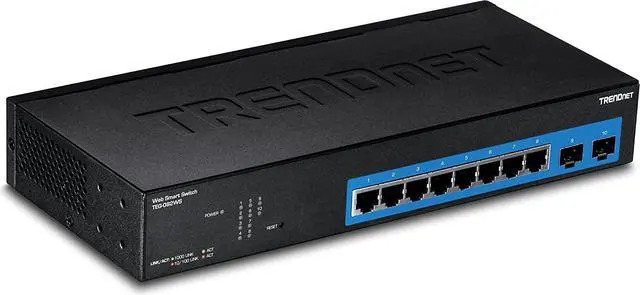 Main image of TRENDnet 10-Port Gigabit Web Smart Switch, 20 Gbps Switching Capacity, 8 x RJ-45 Ports, 2 x SFP, Slots, VLAN, QoS, LACP, IPv6 Support, Fanless, Rack Mountable, Lifetime Protection, TEG-082WS Black