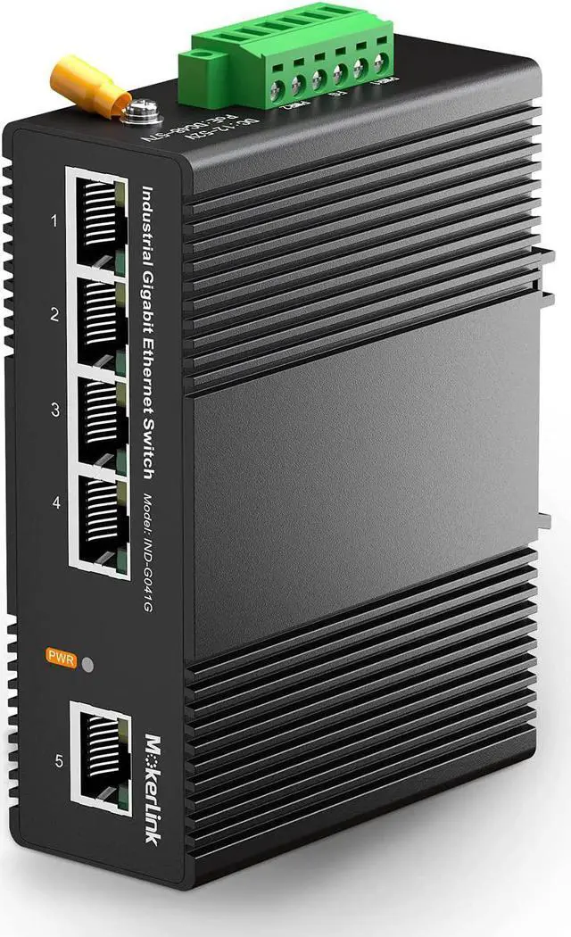 Main image of MokerLink 5 Port Gigabit Industrial DIN-Rail Ethernet Switch, 14Gbps Switching Capacity, IP40 Rated Network Switch (-40 to 185°F), with UL Power Supply