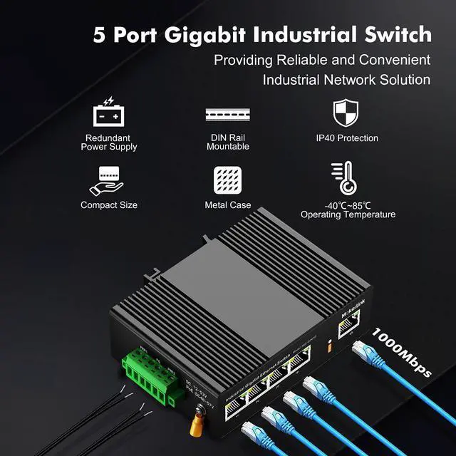 Alt view image 2 of 7 - MokerLink 5 Port Gigabit Industrial DIN-Rail Ethernet Switch, 14Gbps Switching Capacity, IP40 Rated Network Switch (-40 to 185°F), with UL Power Supply