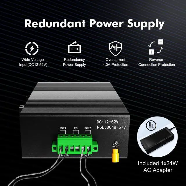 Alt view image 5 of 7 - MokerLink 5 Port Gigabit Industrial DIN-Rail Ethernet Switch, 14Gbps Switching Capacity, IP40 Rated Network Switch (-40 to 185°F), with UL Power Supply