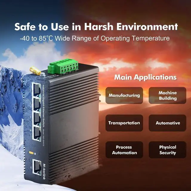 Alt view image 7 of 7 - MokerLink 5 Port Gigabit Industrial DIN-Rail Ethernet Switch, 14Gbps Switching Capacity, IP40 Rated Network Switch (-40 to 185°F), with UL Power Supply