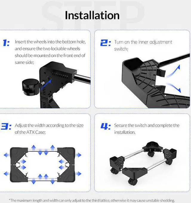 Alt view image 5 of 7 - Mobile CPU Stand Adjustable Computer Tower Stand with 4 Caster Wheels Fits Most PC (Black)