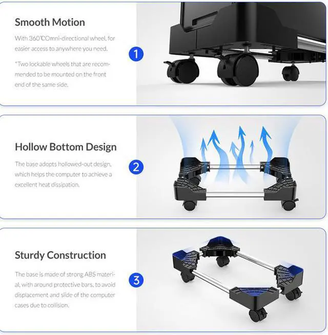 Alt view image 4 of 7 - Mobile CPU Stand Adjustable Computer Tower Stand with 4 Caster Wheels Fits Most PC (Black)