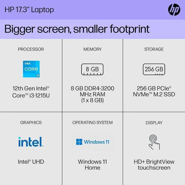 Alt view image 2 of 5 - HP 17.3" HD+ Touch Laptop,Intel Core i3-1215U,Intel UHD Graphics,8GB RAM,512GB SSD,Windows 11 Home,Natural Silver