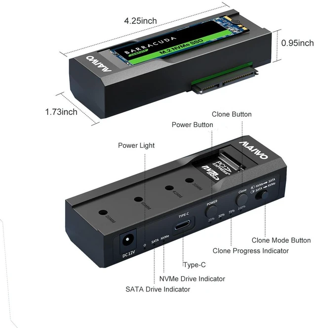 Alt view image 17 of 20 - MAIWO Dual Bay USB Type C Hard Drive Enclosure HDD / SSD Duplicator for 2.5/3.5 Inch SATA Hard Drive and M.2 NVMe SSD, Support Offline Clone and Transmission Speed Up to 10Gbps, w/ 12V/3A Power Adapte