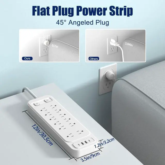 Alt view image 2 of 7 - High Performance Power Strip with Surge Protector, Extension Cord with Multiple Outlets, 12 Outlets 4 USB Ports(2 USB-C) 6 Ft for Home Office, two independent switches Surge Protector Power Strip