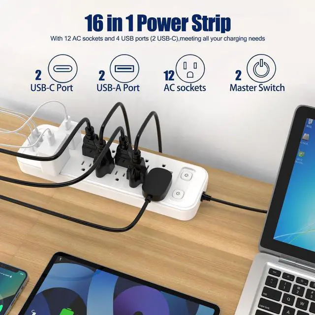 Alt view image 5 of 7 - High Performance Power Strip with Surge Protector, Extension Cord with Multiple Outlets, 12 Outlets 4 USB Ports(2 USB-C) 6 Ft for Home Office, two independent switches Surge Protector Power Strip