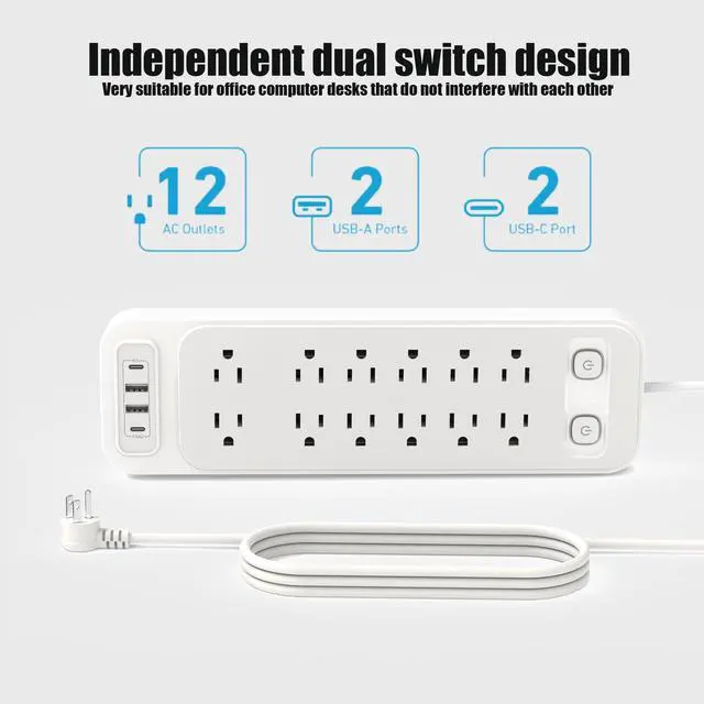 Alt view image 3 of 7 - High Performance Power Strip with Surge Protector, Extension Cord with Multiple Outlets, 12 Outlets 4 USB Ports(2 USB-C) 6 Ft for Home Office, two independent switches Surge Protector Power Strip