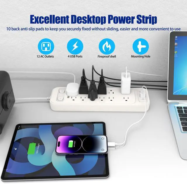 Alt view image 7 of 7 - High Performance Power Strip with Surge Protector, Extension Cord with Multiple Outlets, 12 Outlets 4 USB Ports(2 USB-C) 6 Ft for Home Office, two independent switches Surge Protector Power Strip