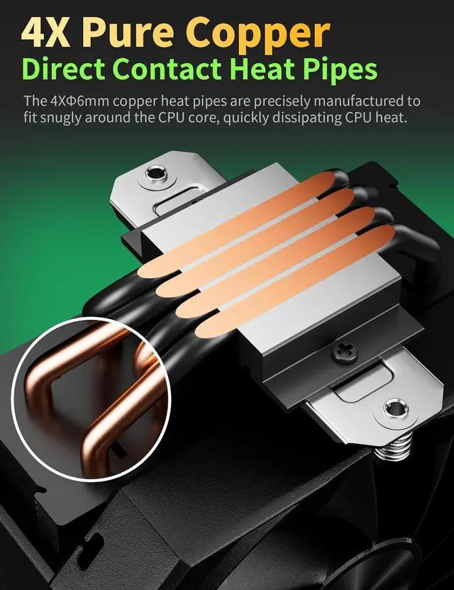 Alt view image 2 of 7 - CPU Air Cooler with 4X6mm Heat Pipes,120mm Fan CPU Cooler 1650rmp,CPU Cooler AMD AM5/AM4/AM3 Series,CPU Air Cooler 6.1 Height Compatible with Intel LGA 1700/1851/1155/1156/2011/2066(Black)
