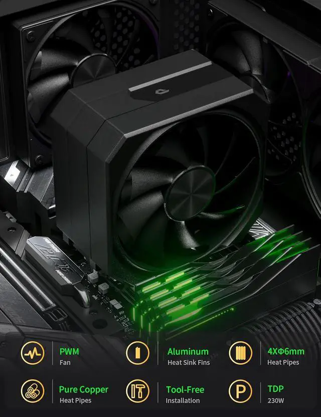 Alt view image 7 of 7 - CPU Air Cooler with 4X6mm Heat Pipes,120mm Fan CPU Cooler 1650rmp,CPU Cooler AMD AM5/AM4/AM3 Series,CPU Air Cooler 6.1 Height Compatible with Intel LGA 1700/1851/1155/1156/2011/2066(Black)